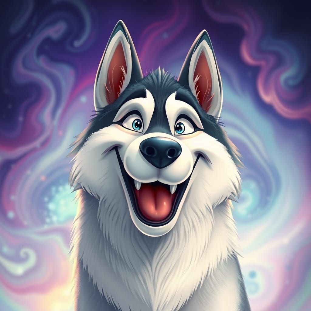 Vibrant Cartoon Husky with Joyful Grin in Whimsical Aurora L...