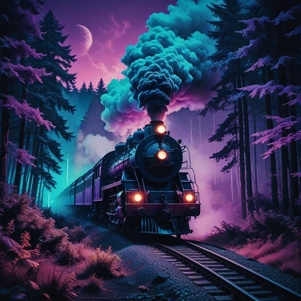 Vaporwave Steam Train in Neon Noir Style