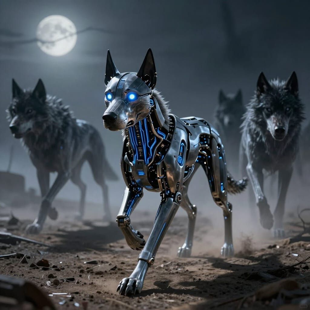 Cyborg Dog Pursues Spectral Wolves in Moonlit Wasteland