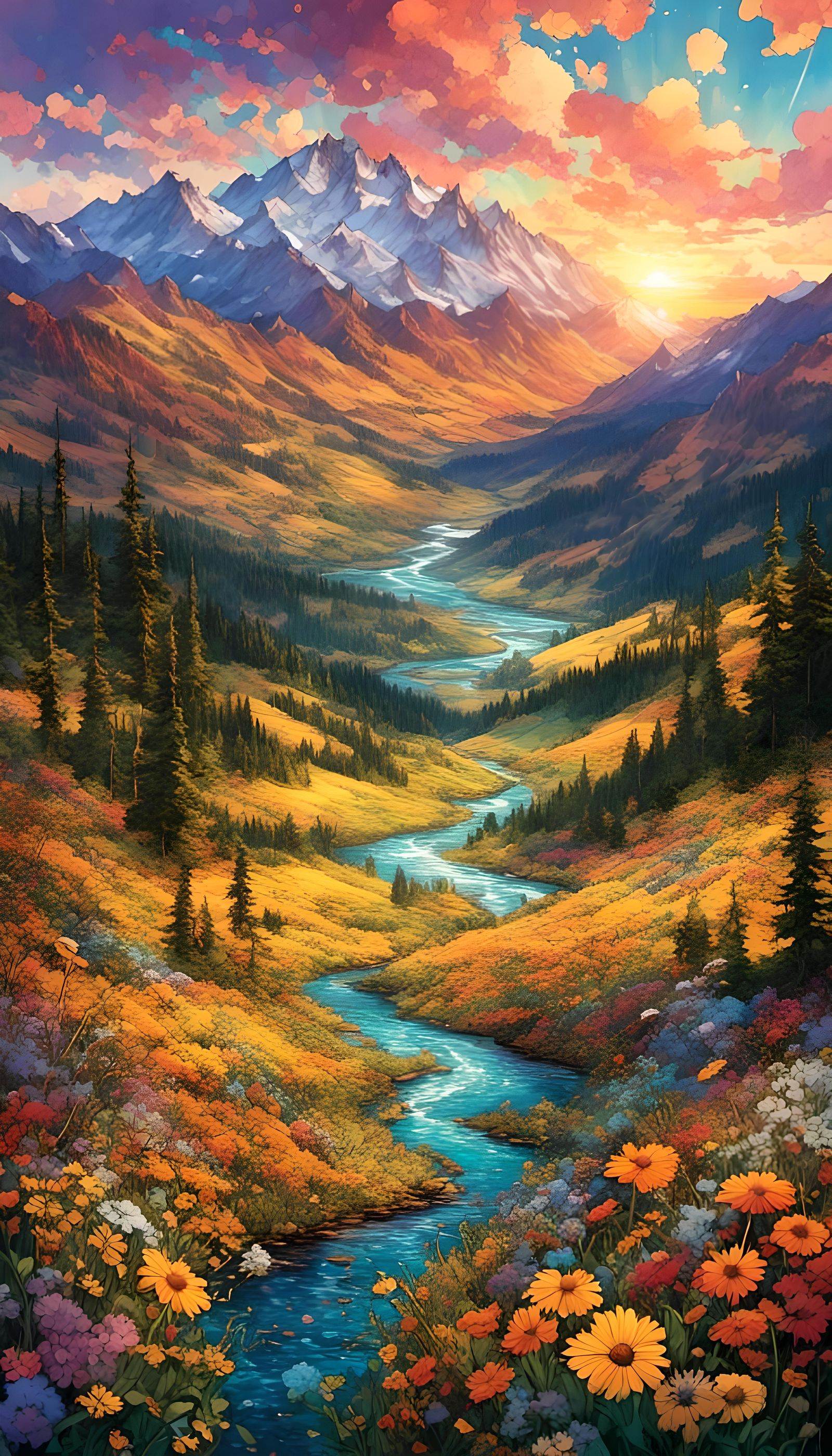 Sunlit Landscape with River and Mountains