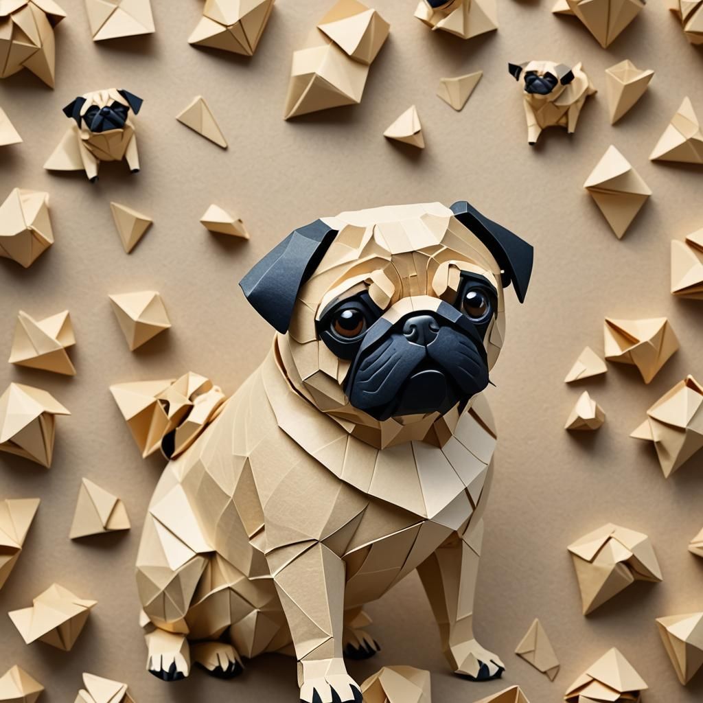 Origami Pug Papercraft Sculpture in 8K