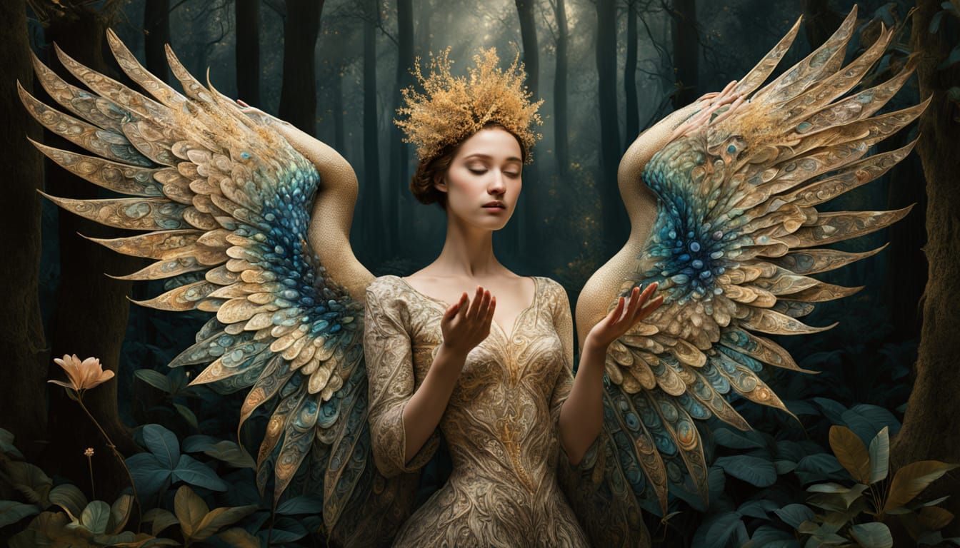 Surreal Goddesses Rise with Golden Swan Wings in the Forest