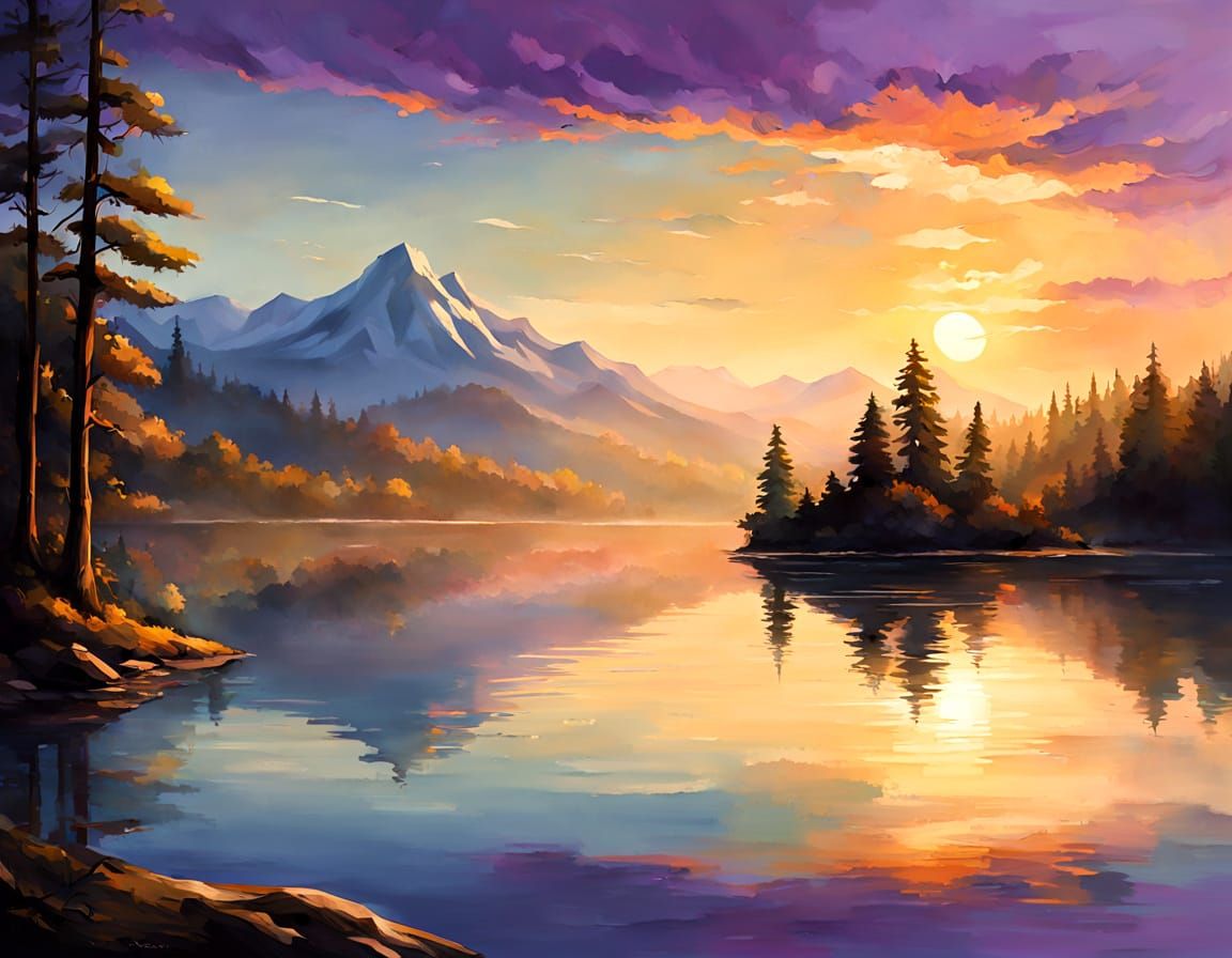 Lone Boat on Serene Lake at Sunset