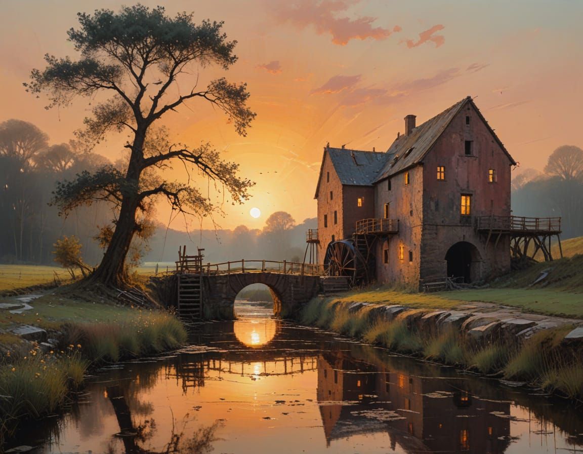 Historic Watermill in Soft Evening Light