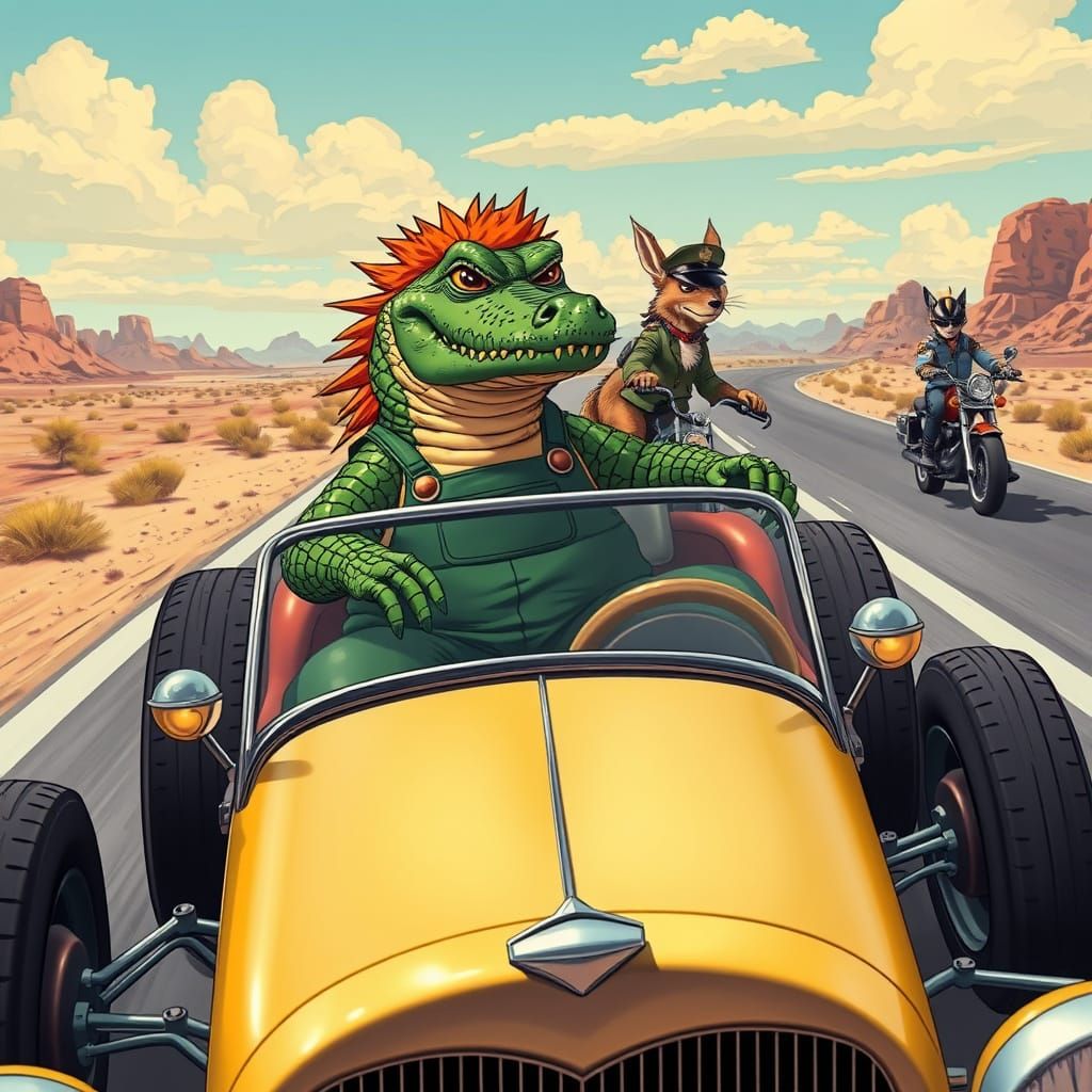 Alligator Hot Rod Chase in Retro-Futuristic Style