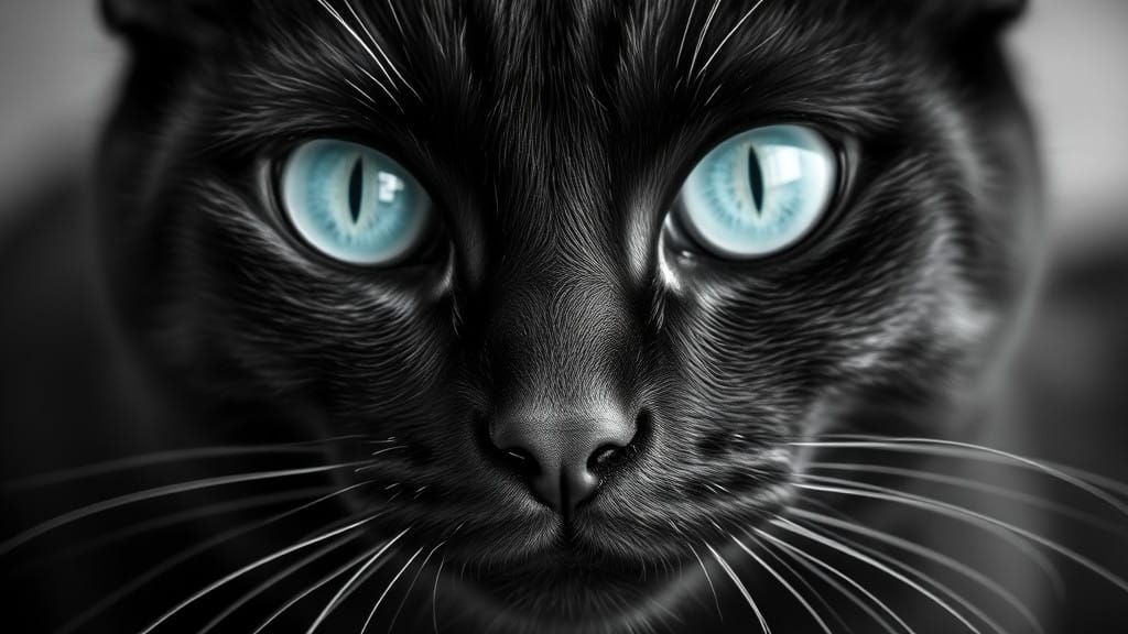 Closeup Portrait of a Majestic Black Cat in Teal Eyes