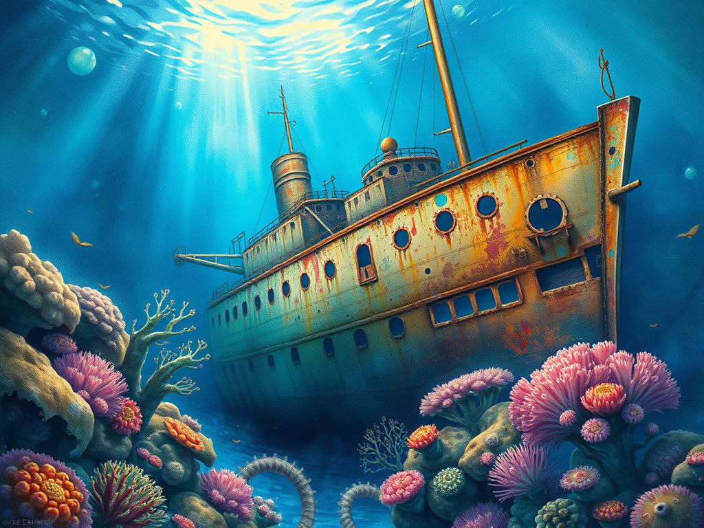 Sunken Ship Transformed by Coral, Digital Illustration