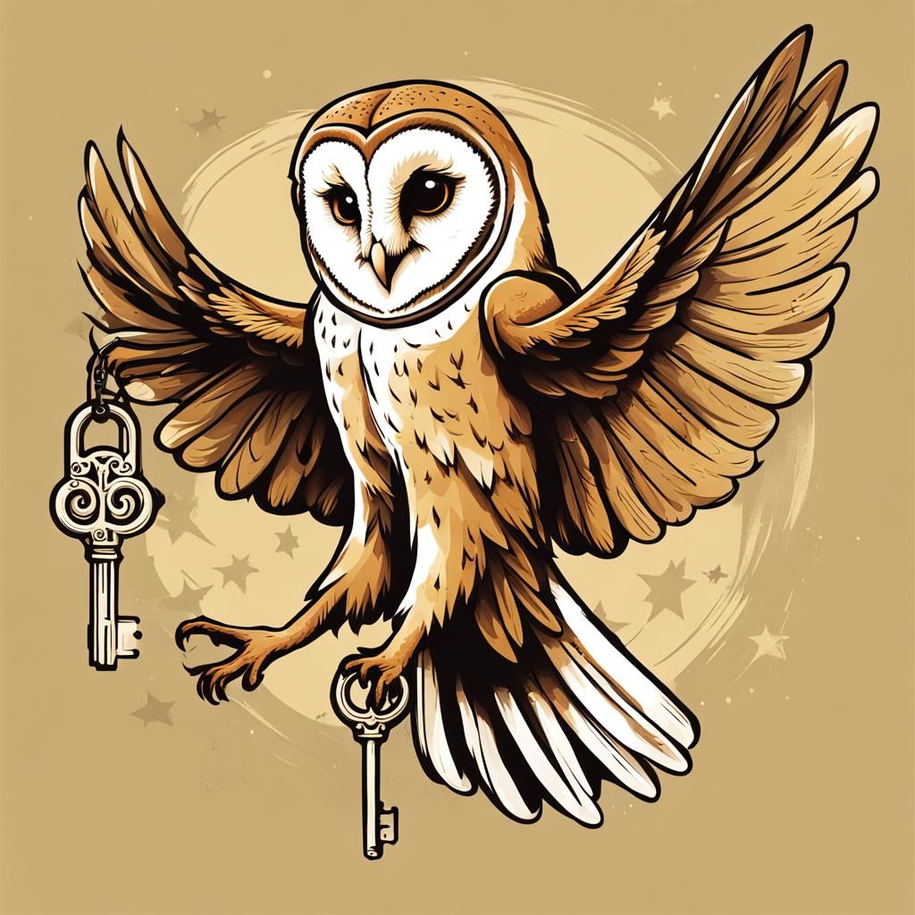 illustration of a barn owl holding an ancient key, flying in the style of Harry Potter