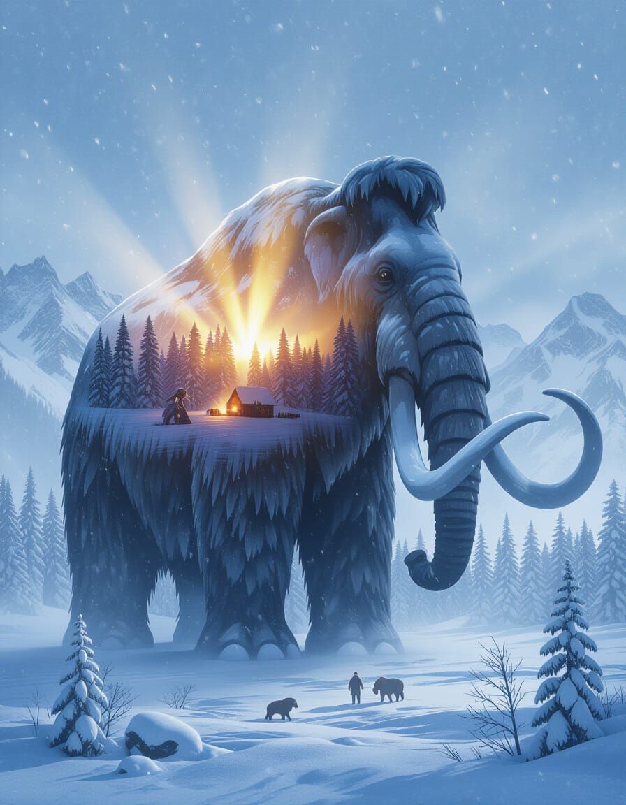 Mammoth Silhouette Filled With Tundra Landscape and Settleme...