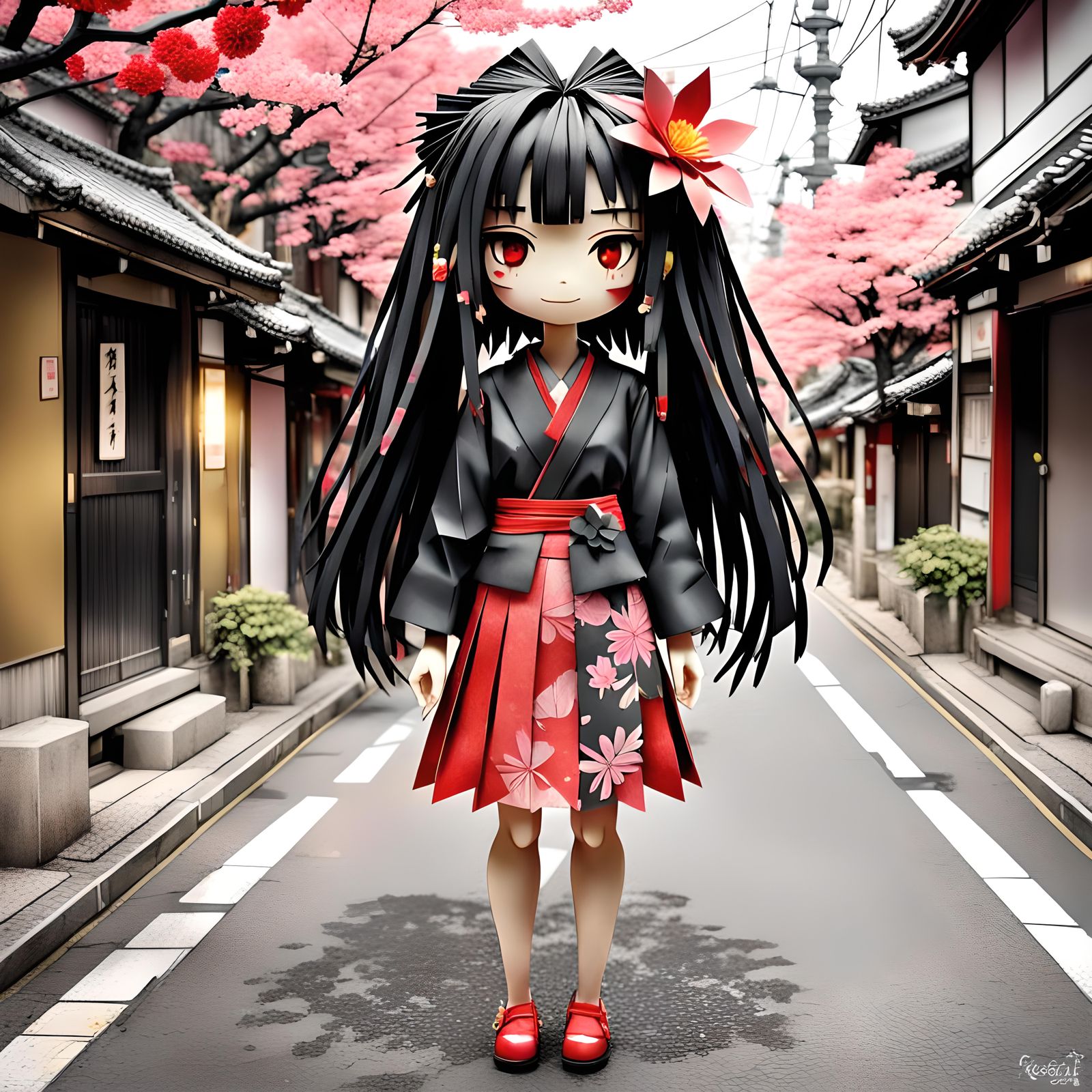 Winking Manga Girl in Japan with Origami Style