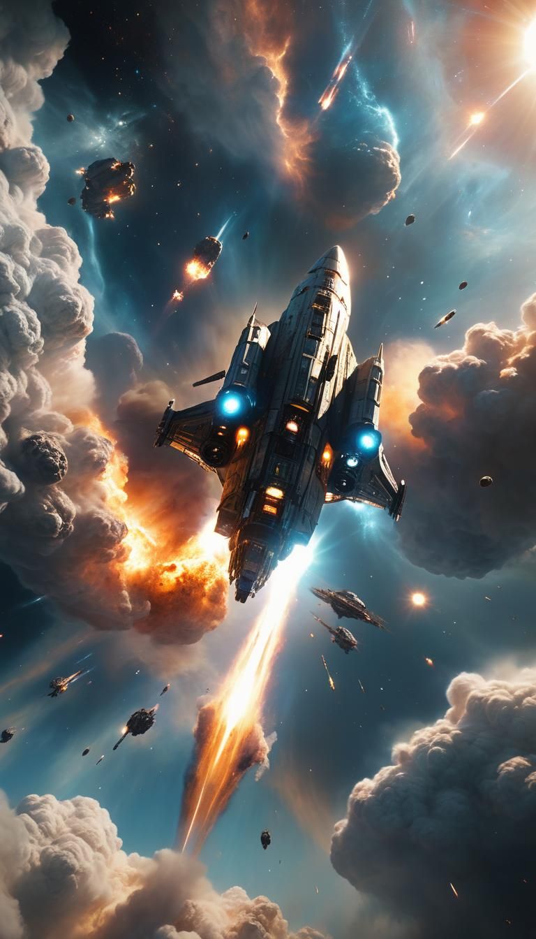 Battered Spaceship Soaring Through Space Nebula