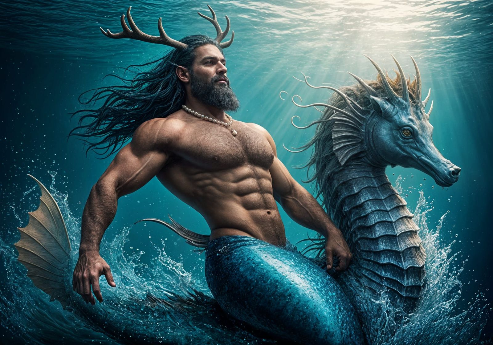 Merman with Antlers on Seahorse, Hyperrealistic Art