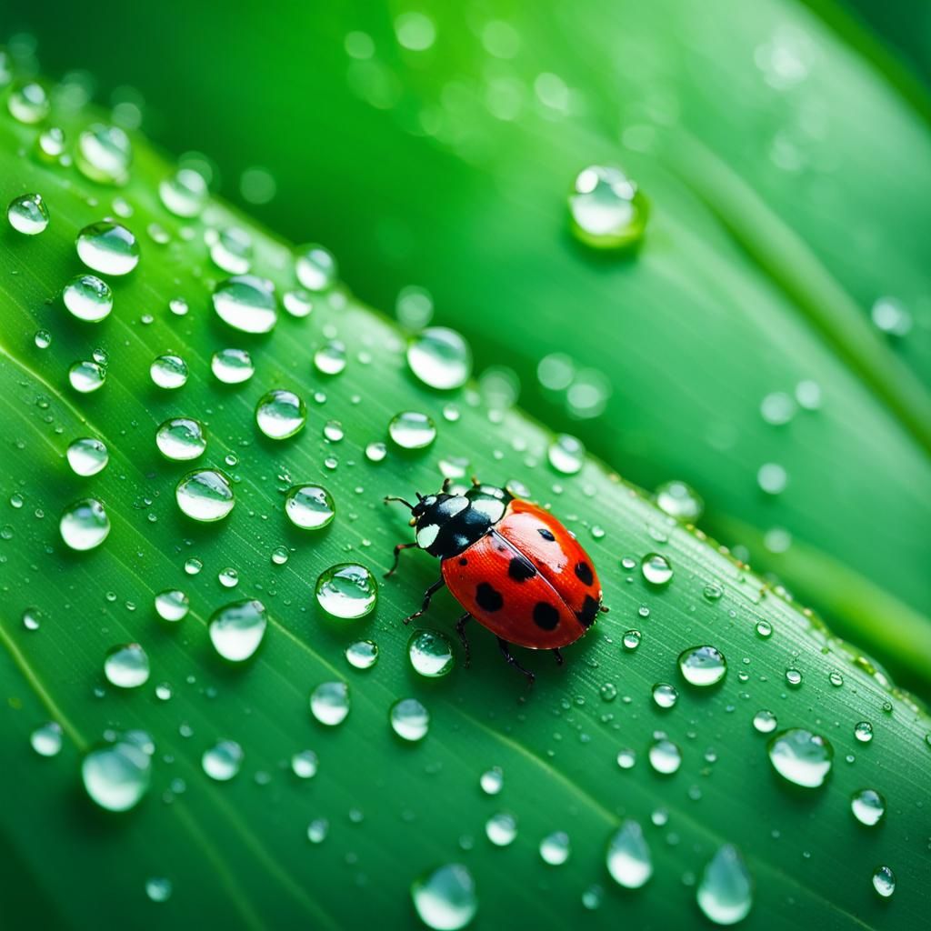 Ladybug on Dewy Leaf: Hyperrealistic Vivid Colors