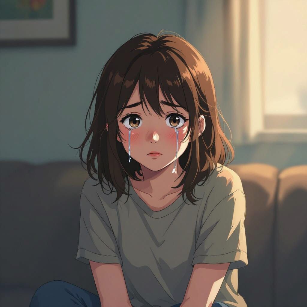 Sad Teen Girl Crying in Dimly Lit Room