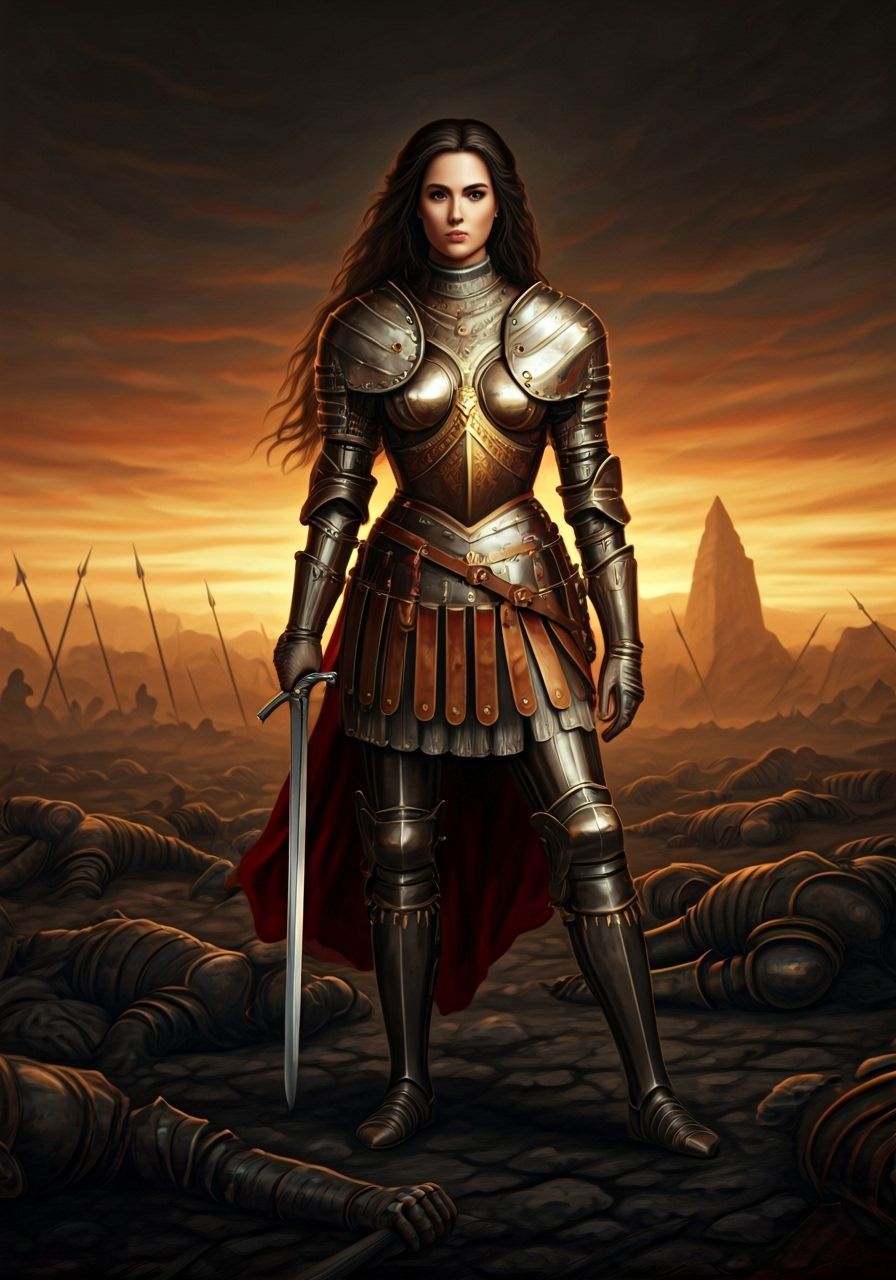 Female Warrior in Armor: Renaissance-Inspired Battlefield