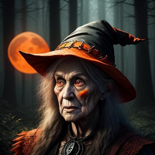 Hyperrealistic Witch in Woods with Red Moon