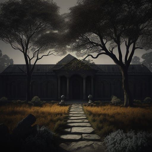 Mysterious Figure in Creepy Golden Hour Gardens