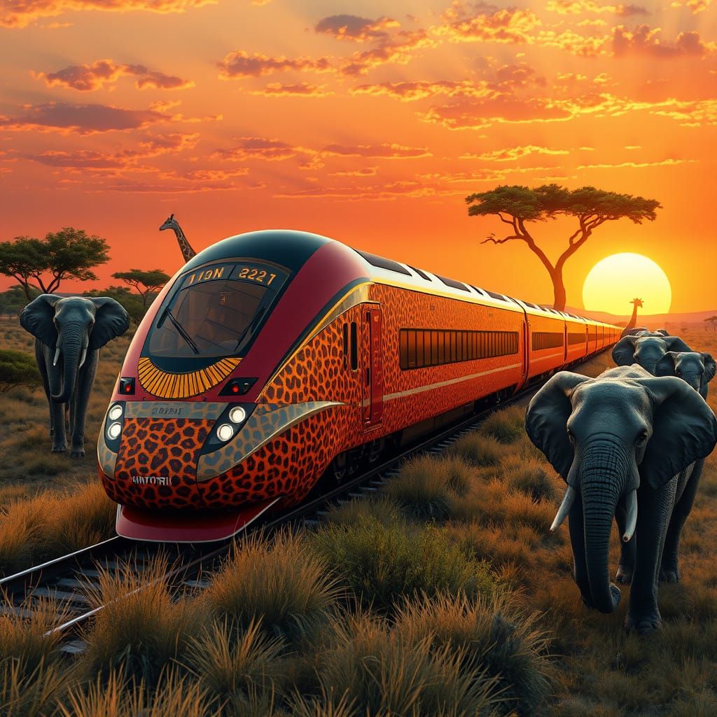 Majestic Lion Motif Train Speeds Through African Savanna