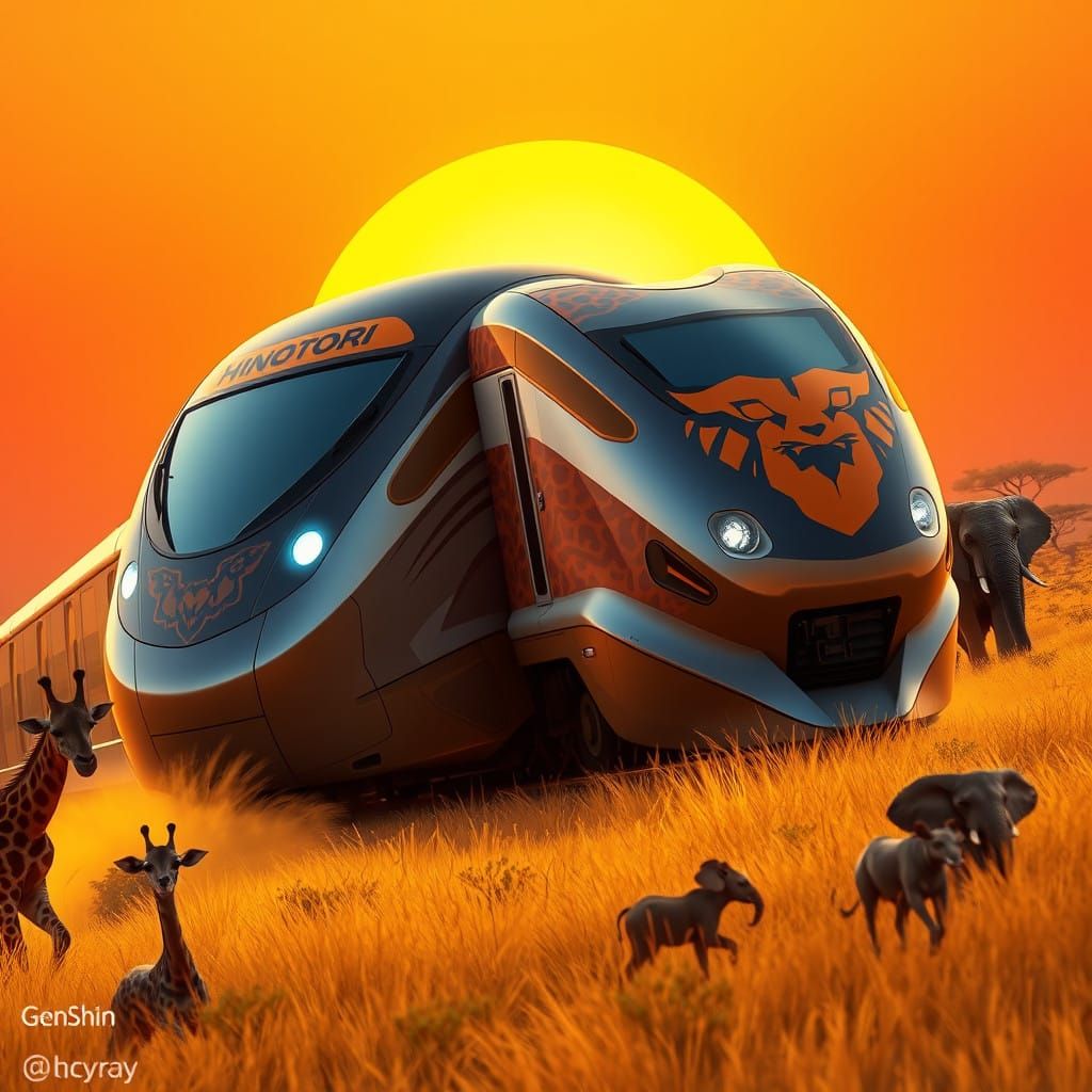 Sleek High-Tech Train Roars Through Golden Savanna
