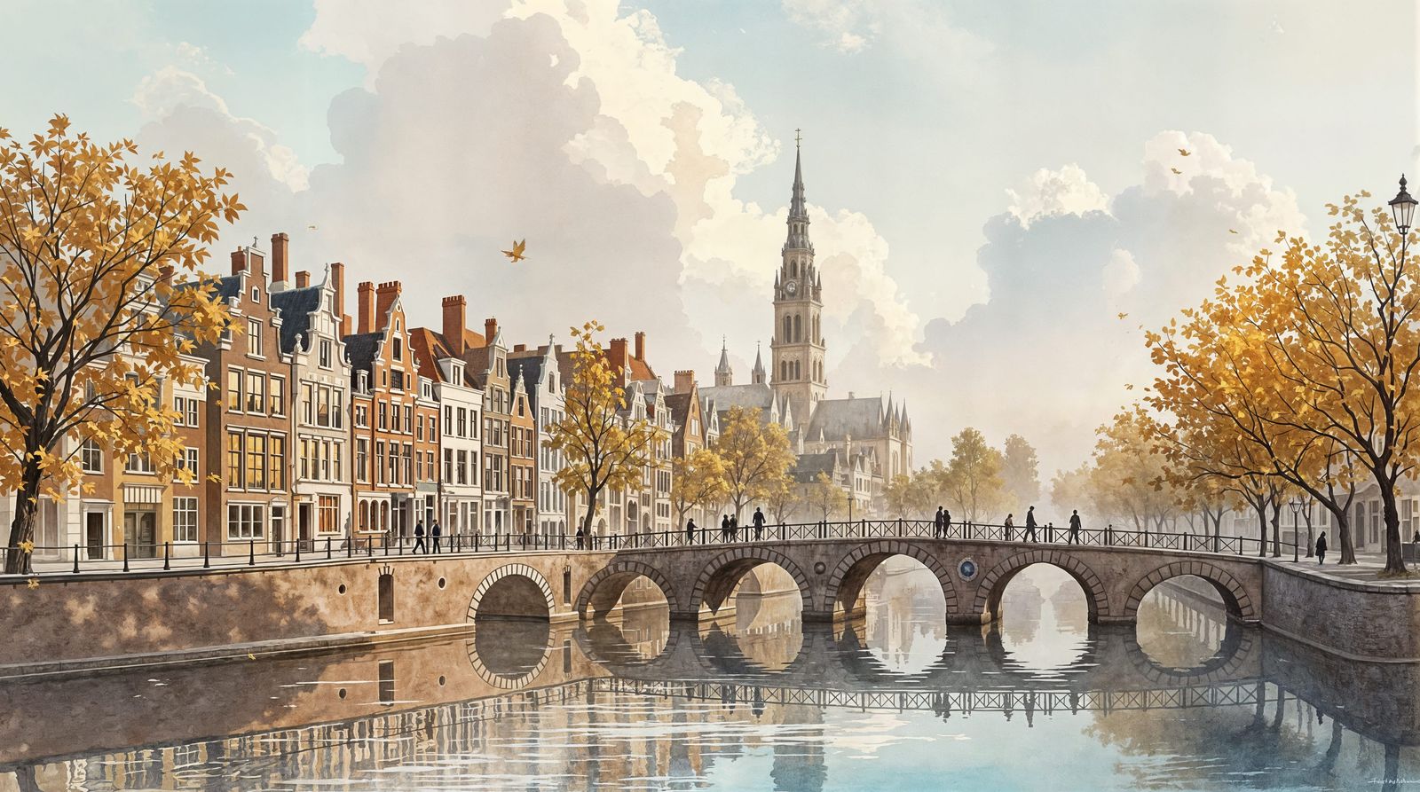 Impressionistic Canal City Scene in Golden Light