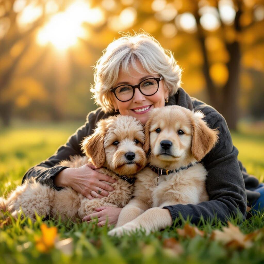 Woman Cuddling Golden Doodle and Retriever Puppy