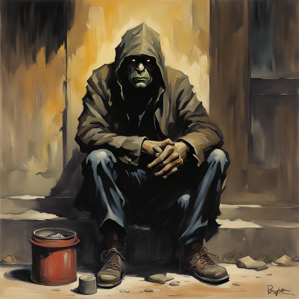 Sinister Beggar in Dramatic Lighting