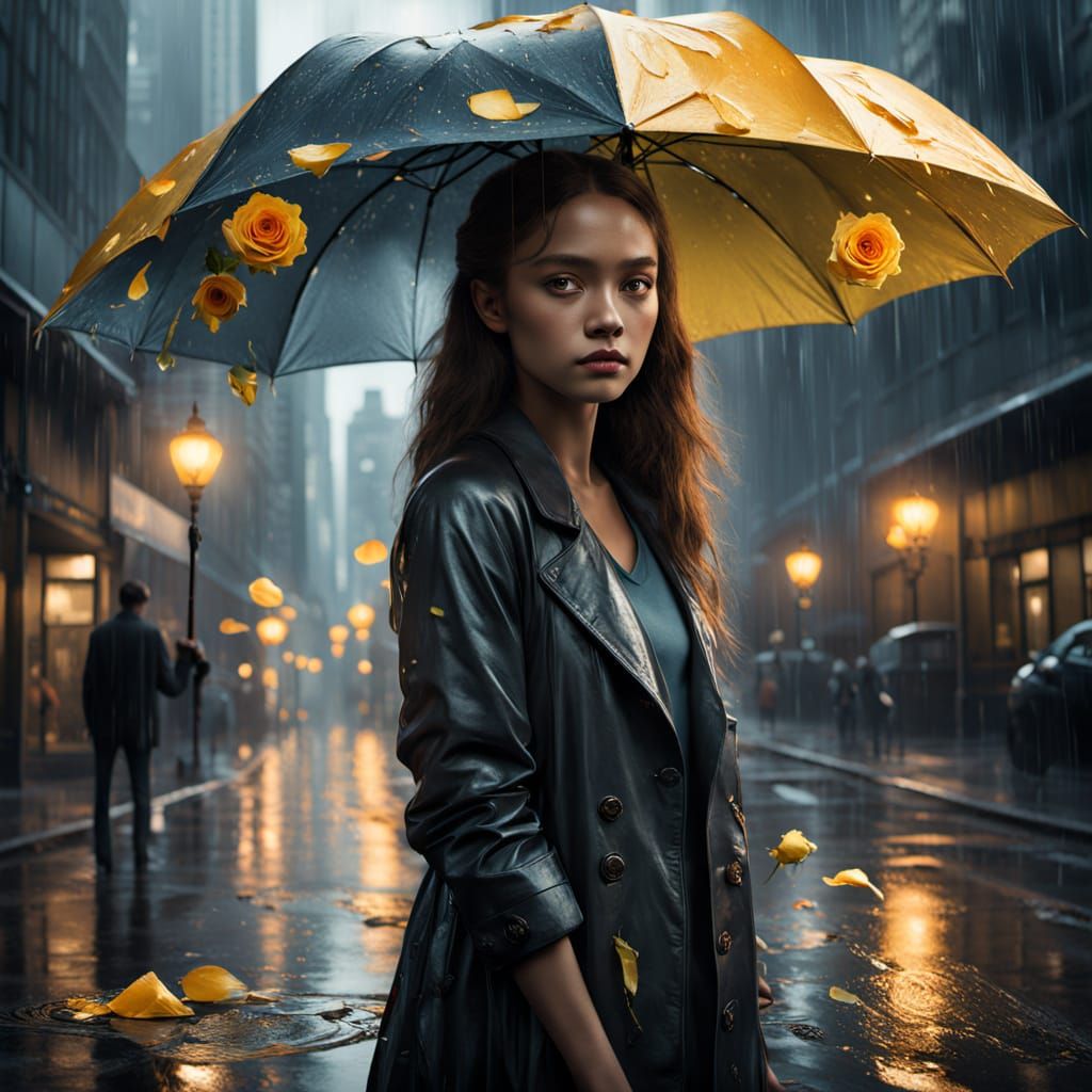 Surreal Woman in Rainy Cityscape with Melting Metal Umbrella