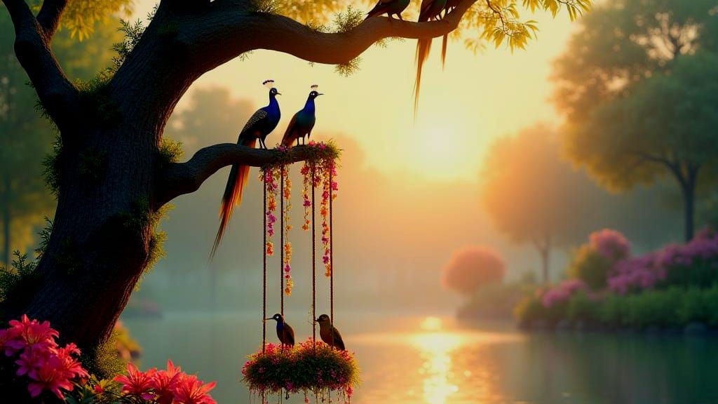 Sunrise Lake with Birds and Floral Swing