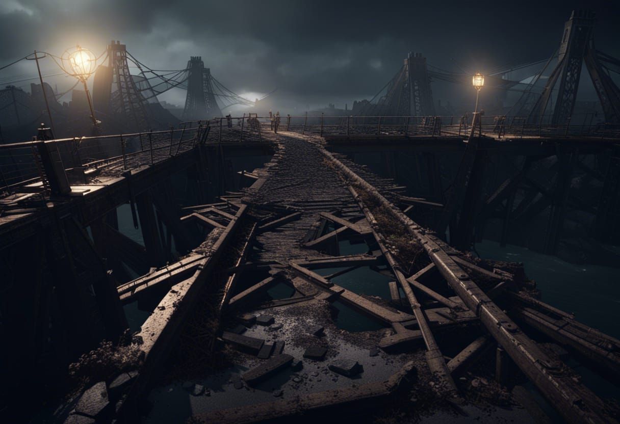 Post-Apocalyptic Collapsed Bridge at Night in 3D