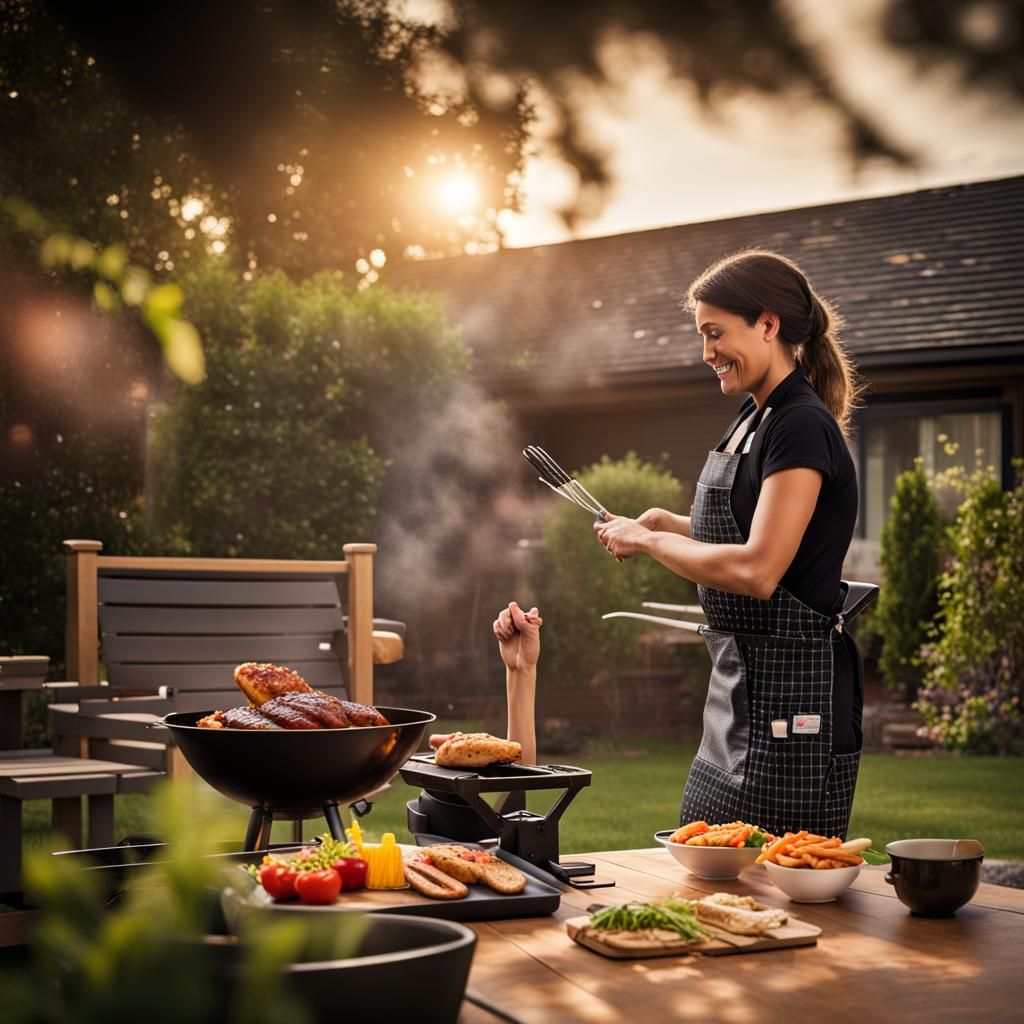 Master Chef black Apron, chef is looking at the viewer and smiling while grilling, child riding bicycle in backyard, wif...