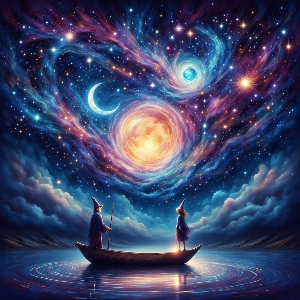 Wizard in Boat Gazing at Luminous Starry Night Sky