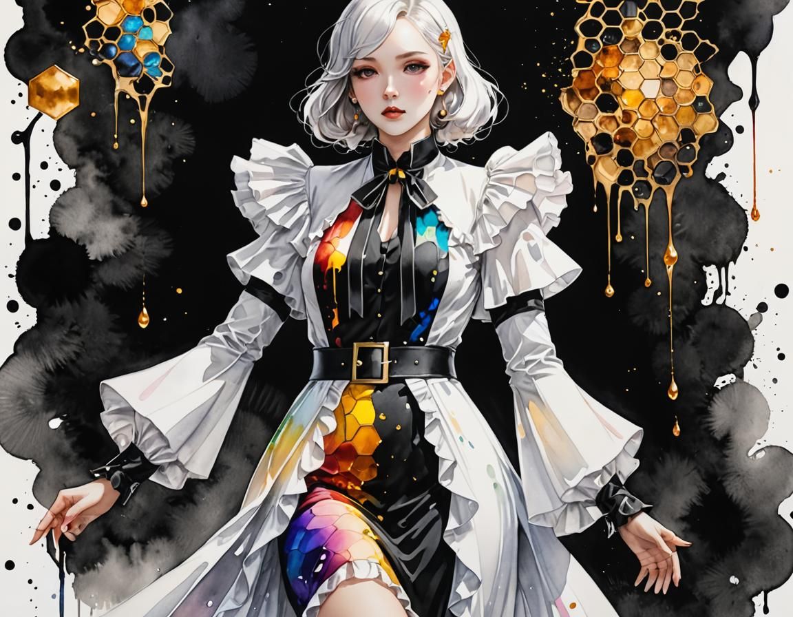 Watercolor 1930s Suit with Rainbow Honeycomb Drips