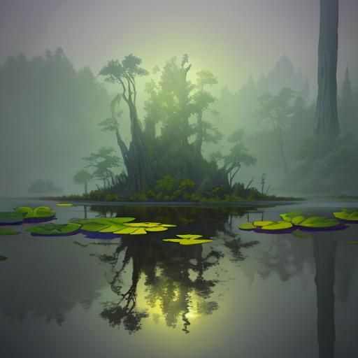 Frogman Fishing at Mystical Swamp Lake: Digital Oil Painting
