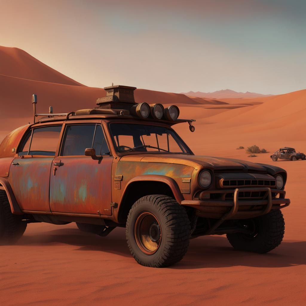Mad Max Car in Red Desert: Impasto Style
