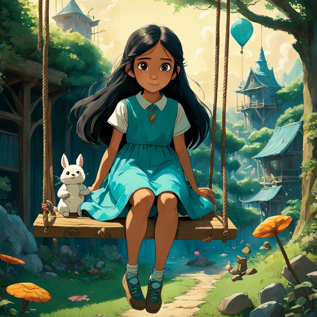 Whimsical Scene of a Young Girl in a Magical Garden