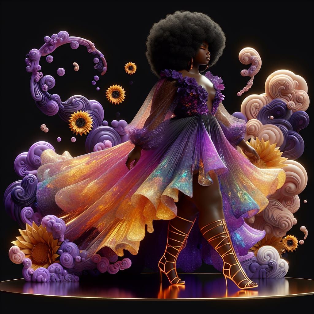 Chibi Woman Walking in Clouds and Sunflowers