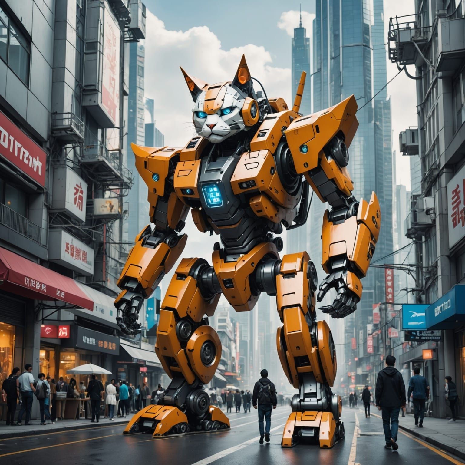 Futuristic Cityscape Dominated by Giant Mecha Cat