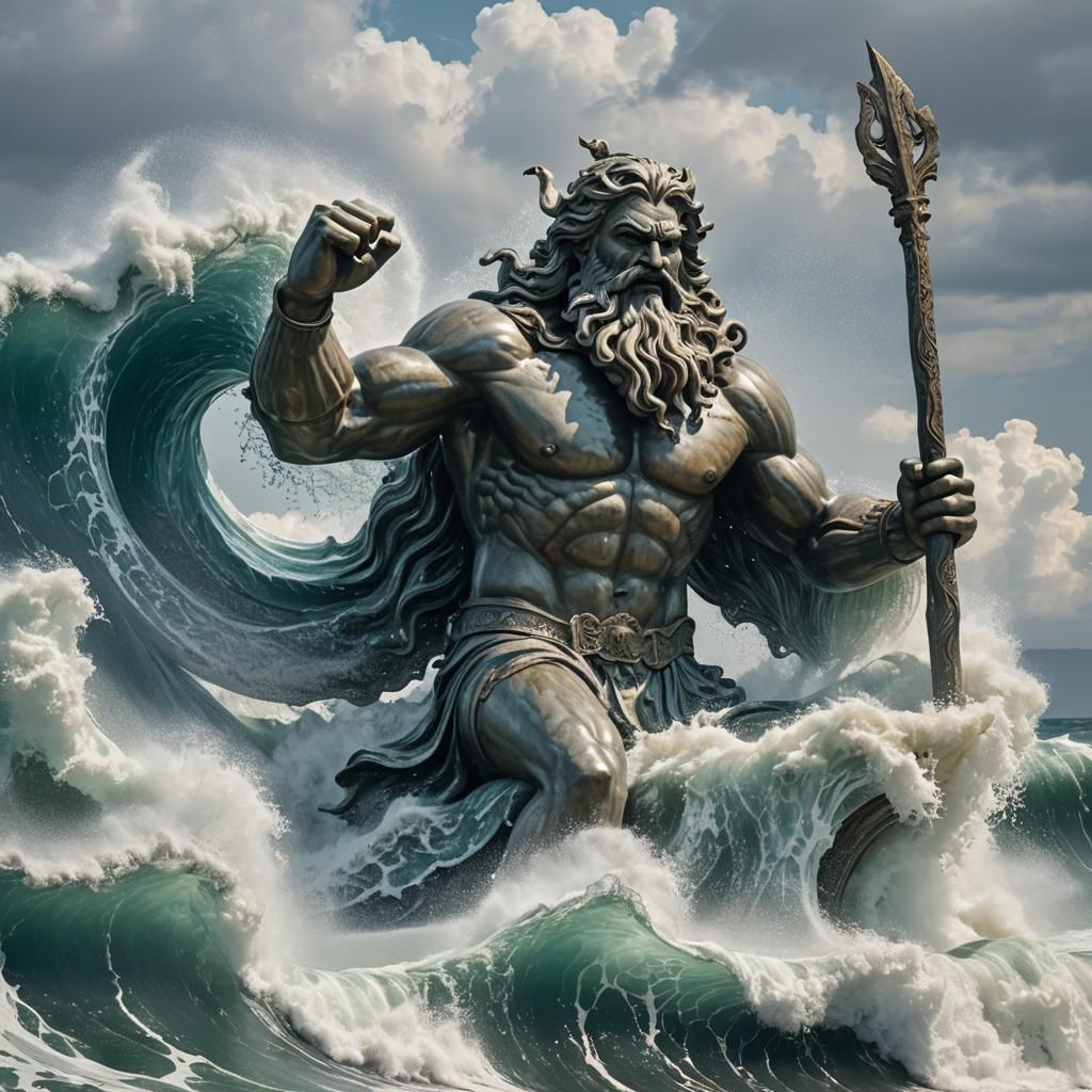 Poseidon Statue Riding Ocean Wave