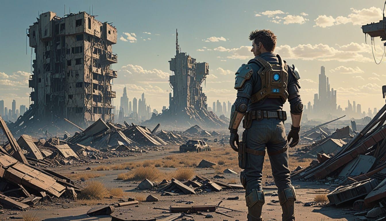 Survivor in a Ruined Post-Apocalyptic Wasteland in Retro-Fut...