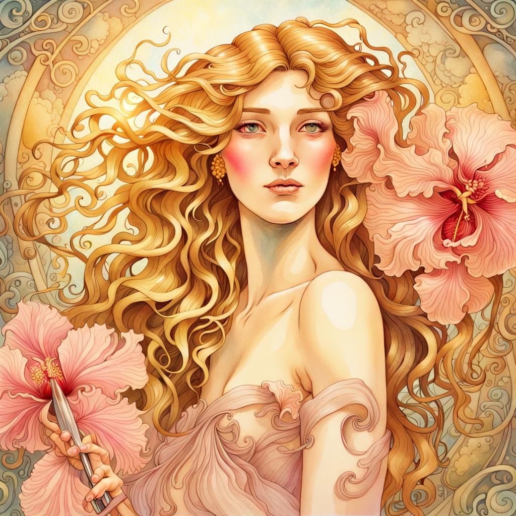 Art Nouveau Nymph with Orchid-Hibiscus Hair