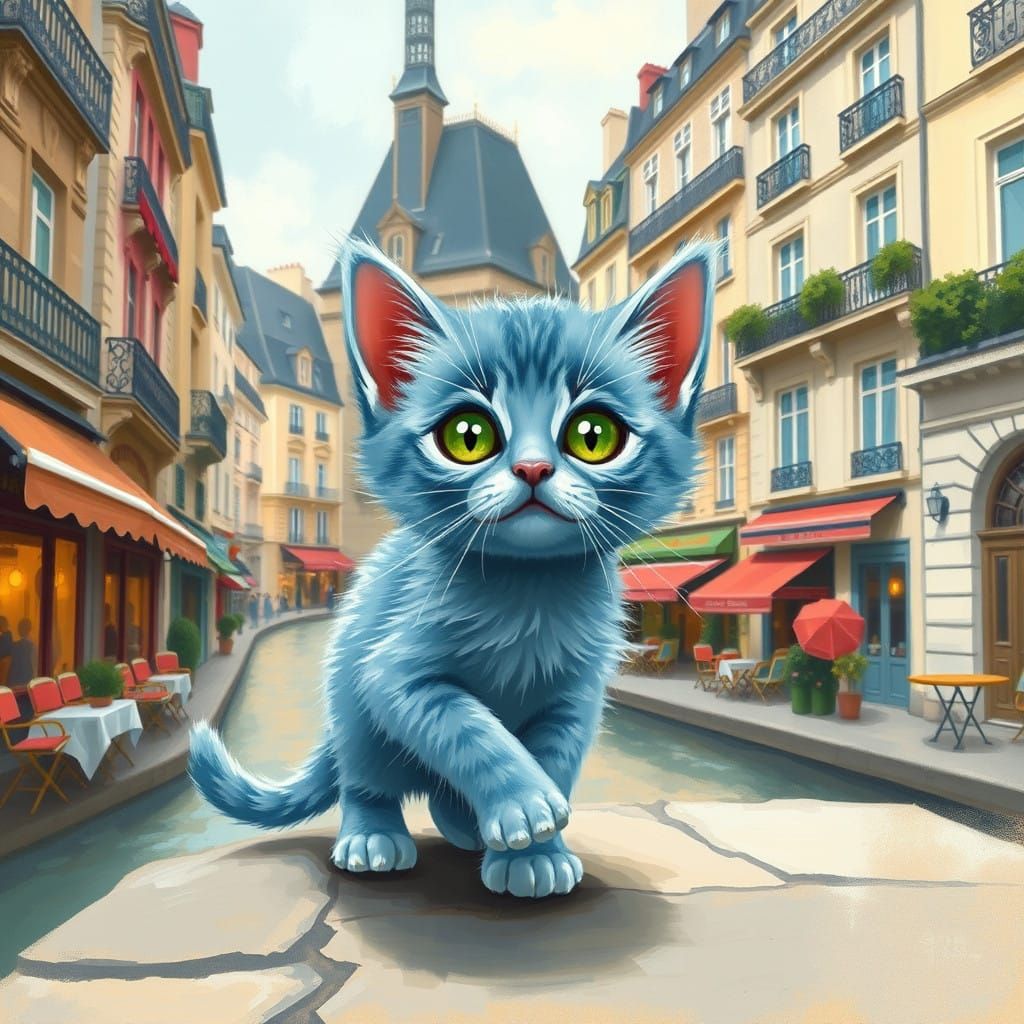 Whimsical Blue Kitten Explores Parisian Streets in Impressio...