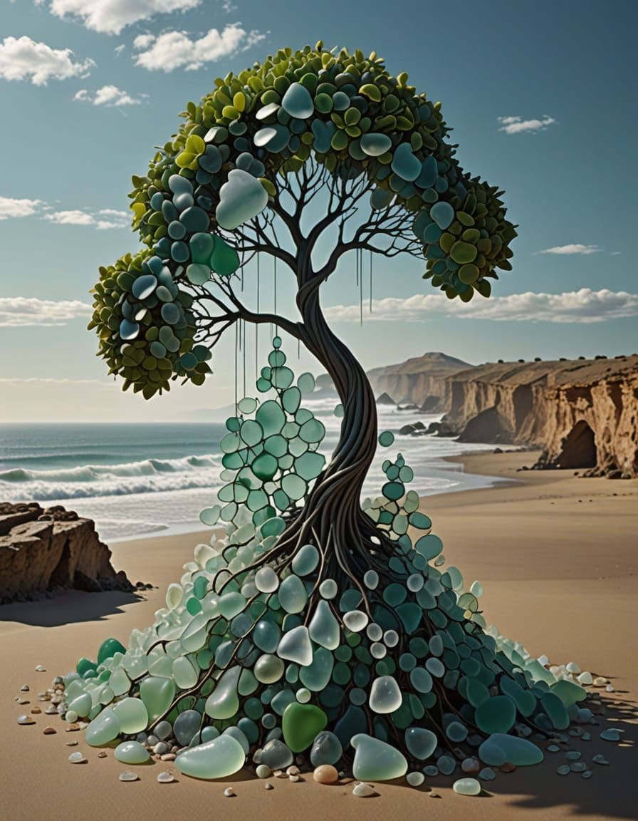 Ancient Copper Tree with Sea Glass Leaves in Surreal Desert