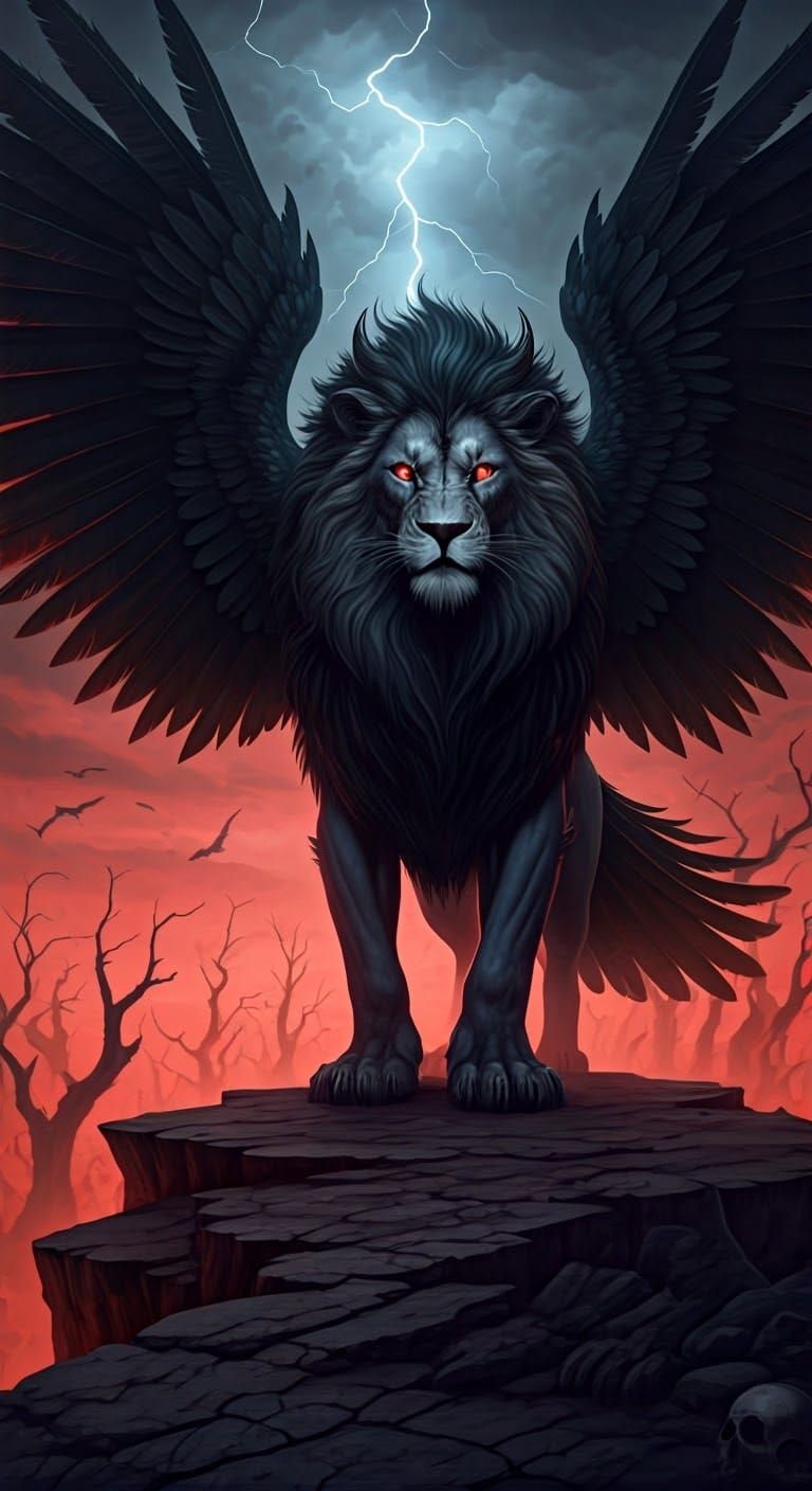 Demonic Raven-Lion Hybrid on Desolate Cliff