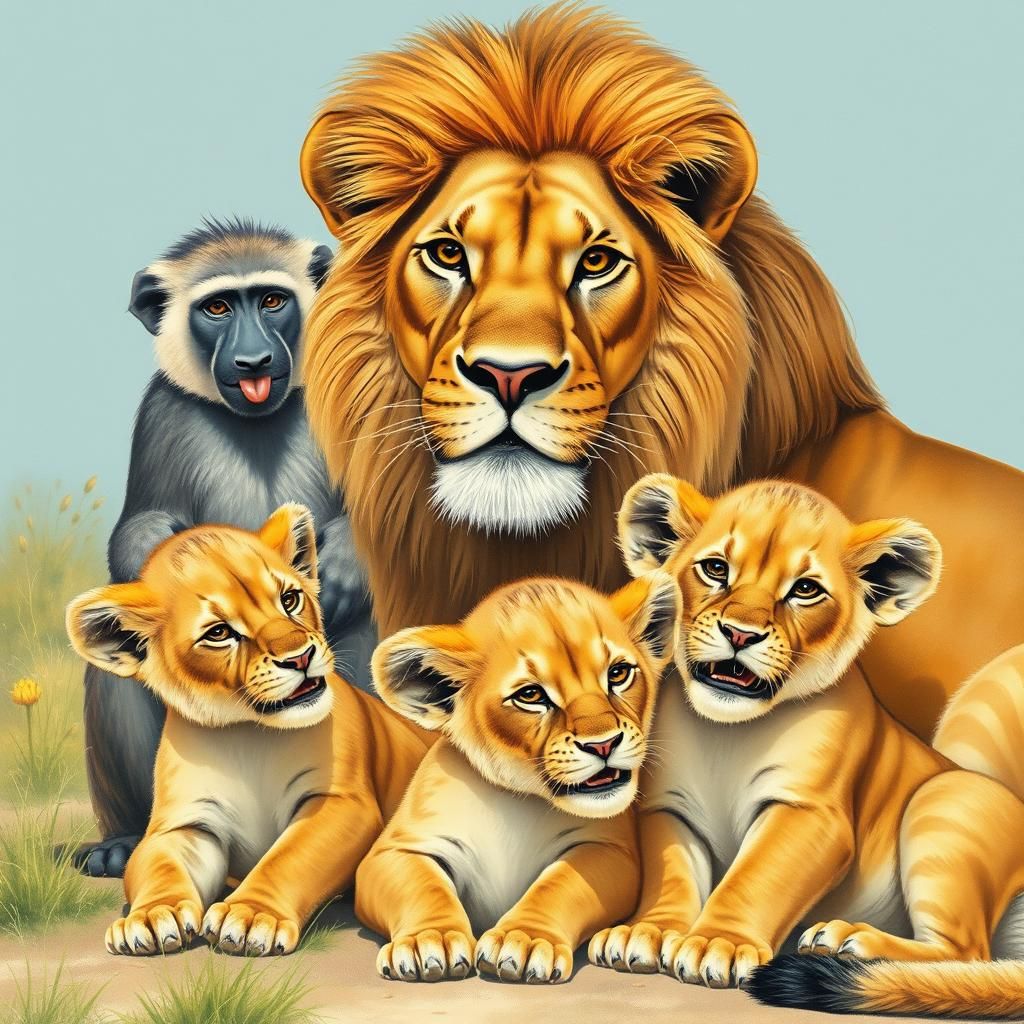 Lioness and Cubs: A Norman Rockwell Illustration