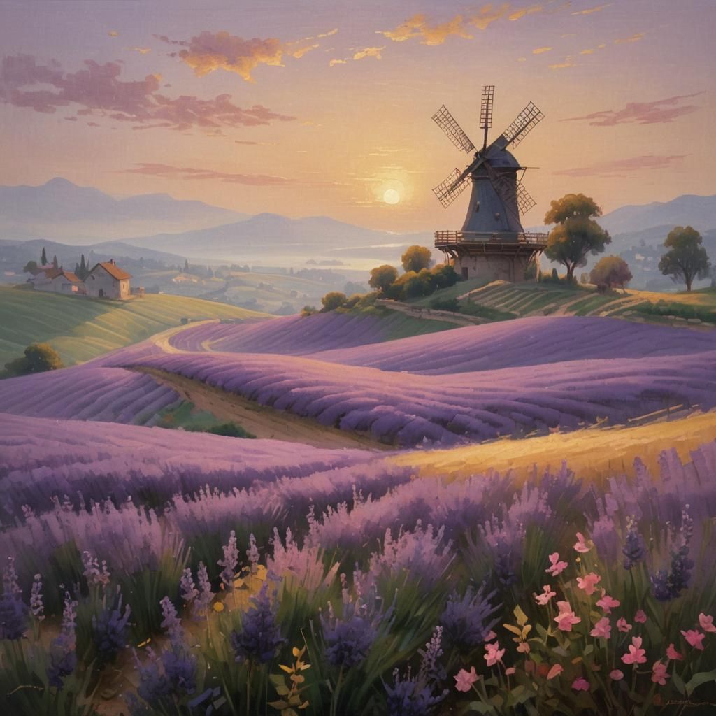 Lavender Field Dreamscape: Impressionistic Landscape