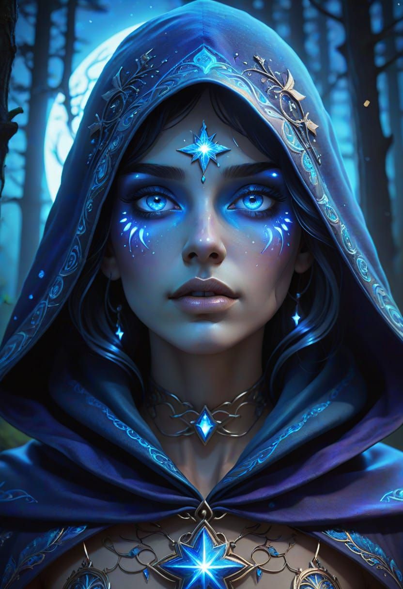 Cyberpunk Woman in Shimmering Cloak, Radiating Blue Light