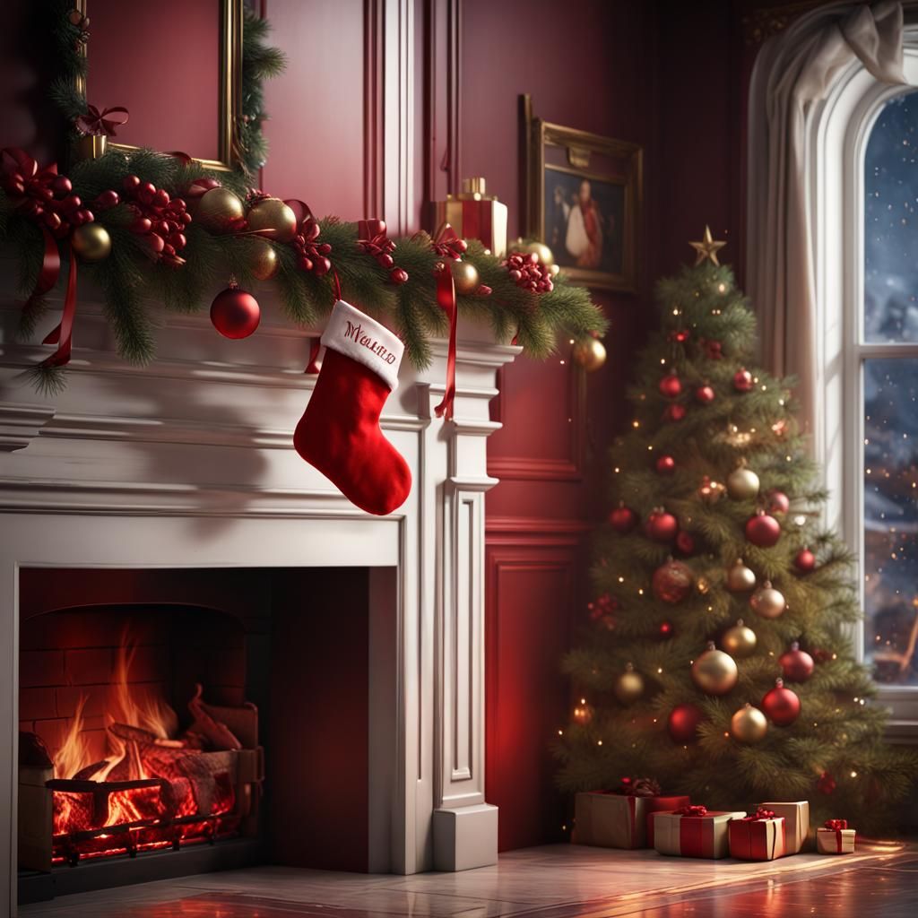 Christmas Stocking by Fireplace: Detailed Matte Painting