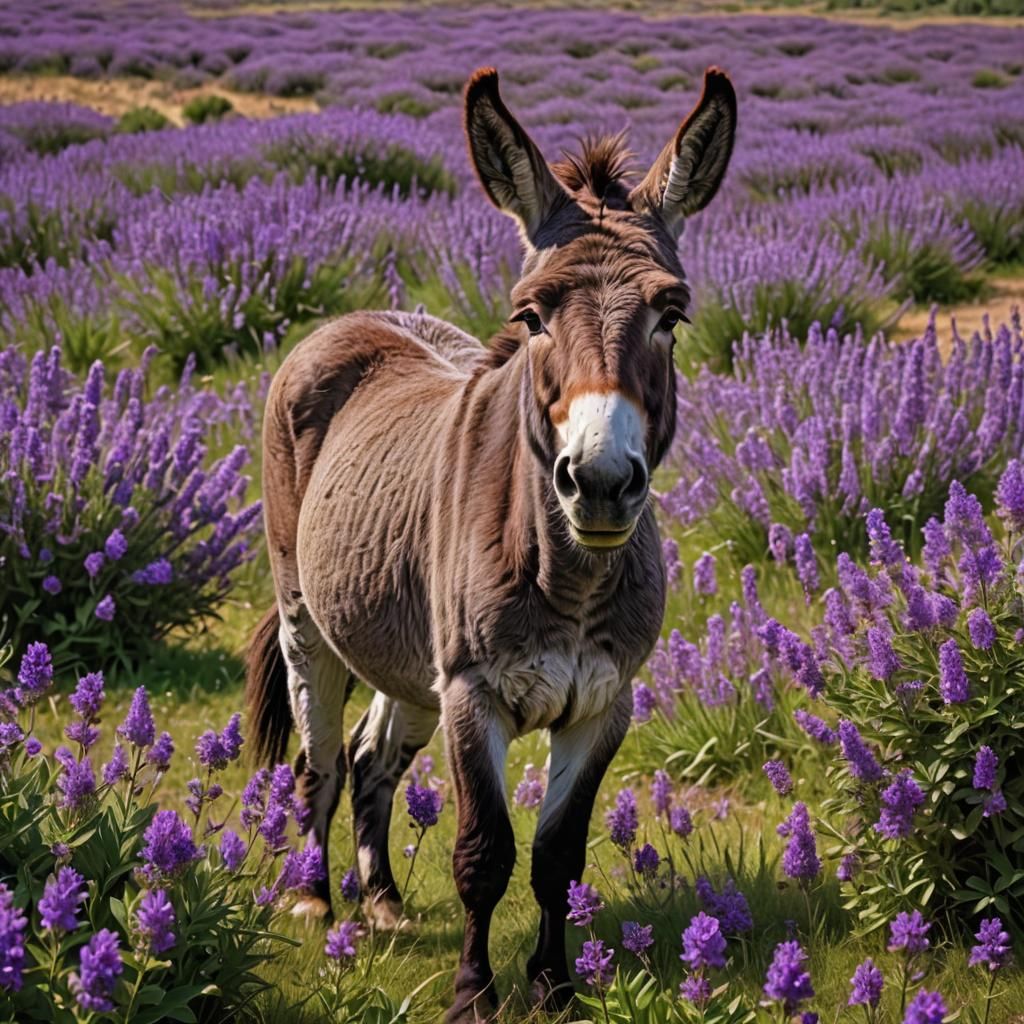 Donkey in Purple Flower Field: Hyperrealistic HDR Image