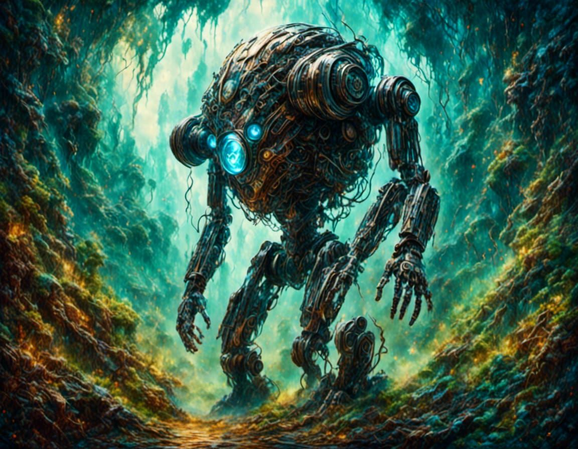 Robot Explorer on Alien Planet: Cinematic Oil Painting