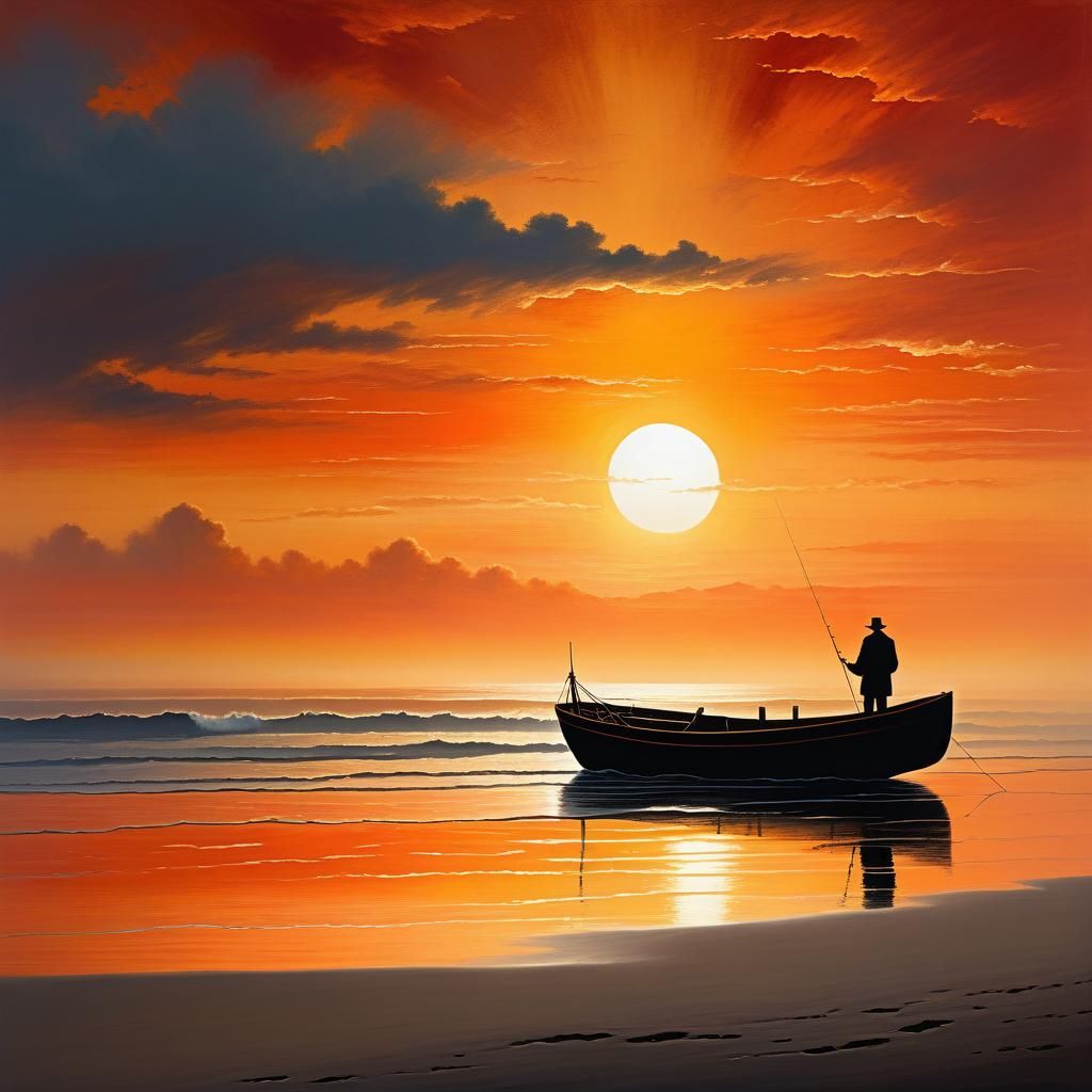 Melancholy Sunset: Man Watches Boat, Vintage Painting